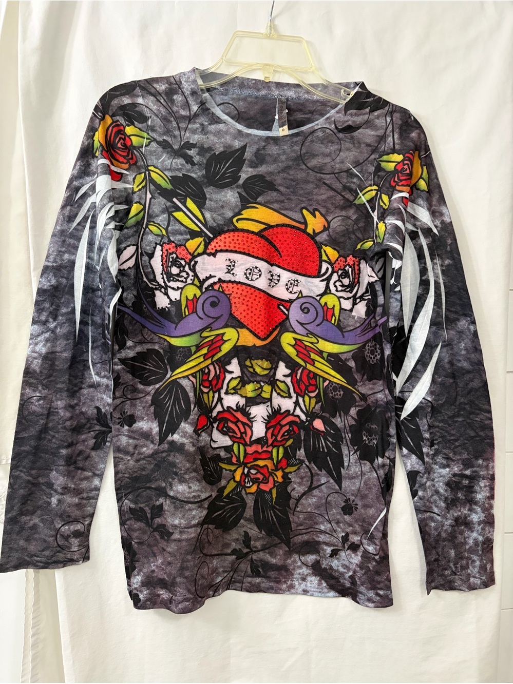 Graphic Long Sleeve Tee with Red Heart and Rose Motif with rhinestones.